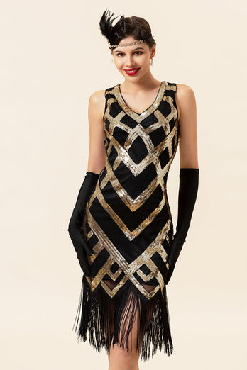 Goldenes ärmelloses Fransen-Flapper-Kleid mit 1920er Accessoires Set
