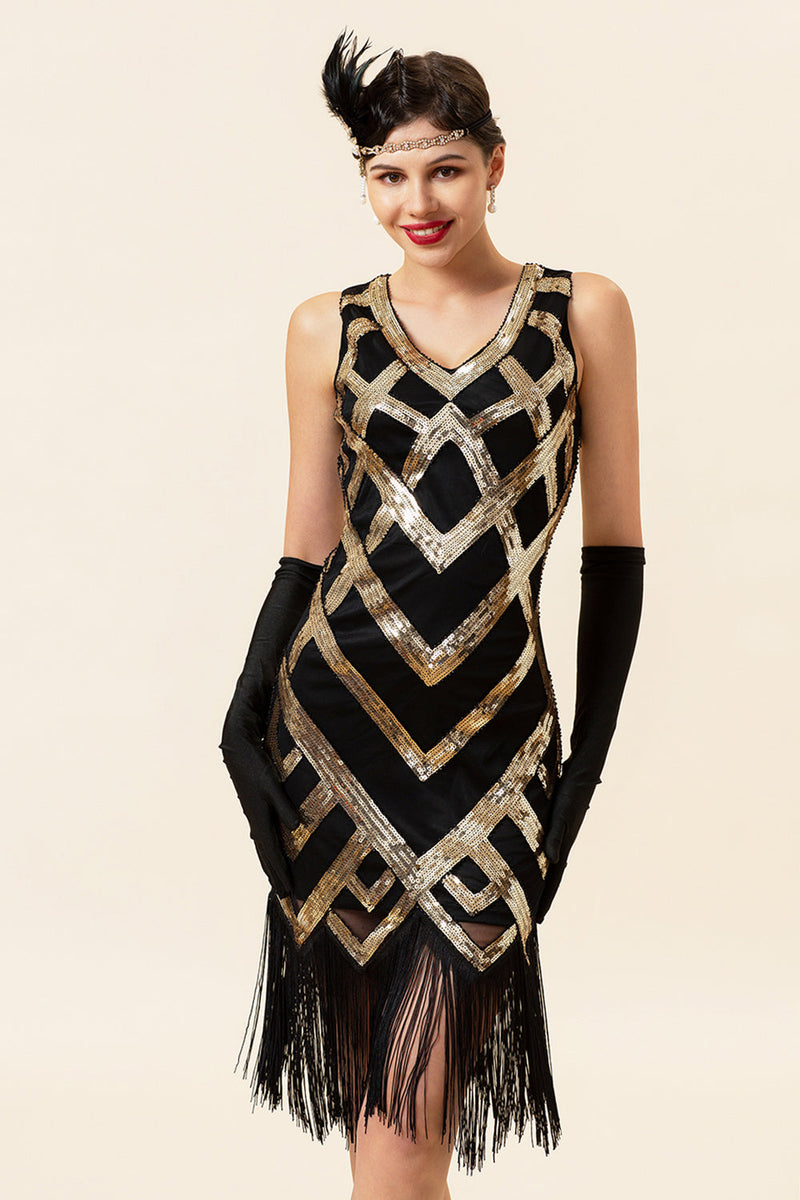 Laden Sie das Bild in den Galerie-Viewer, Goldenes ärmelloses Fransen-Flapper-Kleid mit 1920er Accessoires Set