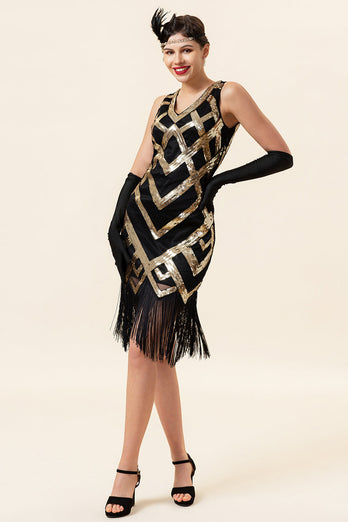 Goldenes ärmelloses Fransen-Flapper-Kleid mit 1920er Accessoires Set