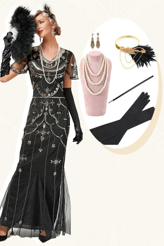 Schwarzes perlenbesetztes langes Flapper-Kleid mit Accessoires aus den 1920er Jahren