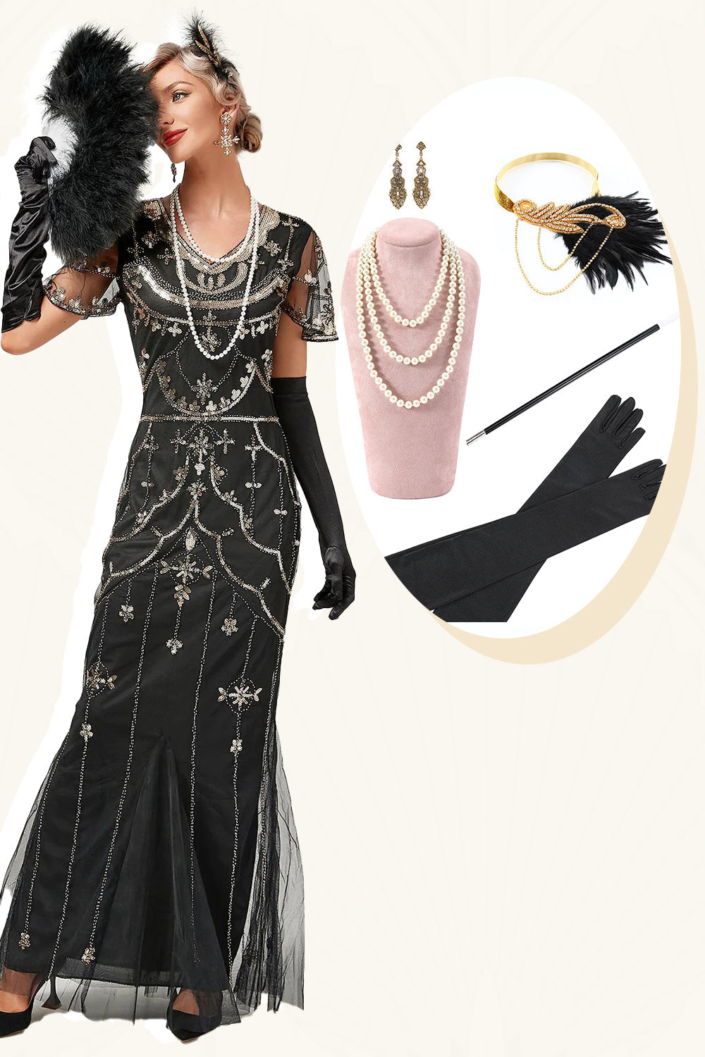 Schwarzes perlenbesetztes langes Flapper-Kleid mit Accessoires aus den 1920er Jahren