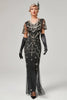 Laden Sie das Bild in den Galerie-Viewer, Schwarzes perlenbesetztes langes Flapper-Kleid mit Accessoires aus den 1920er Jahren