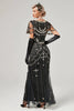 Laden Sie das Bild in den Galerie-Viewer, Schwarzes perlenbesetztes langes Flapper-Kleid mit Accessoires aus den 1920er Jahren