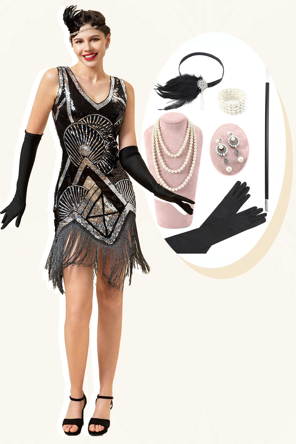 Silberne Fransen Pailletten Glitzer Flapper Kleid mit 20er Jahre Accessoires Set