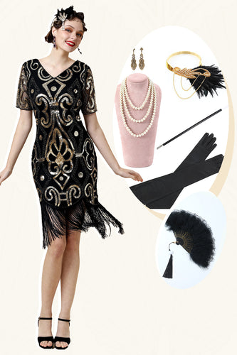 Vintage Fransen Glitzer Flapper Kleid mit 1920er Jahren Accessoires Set