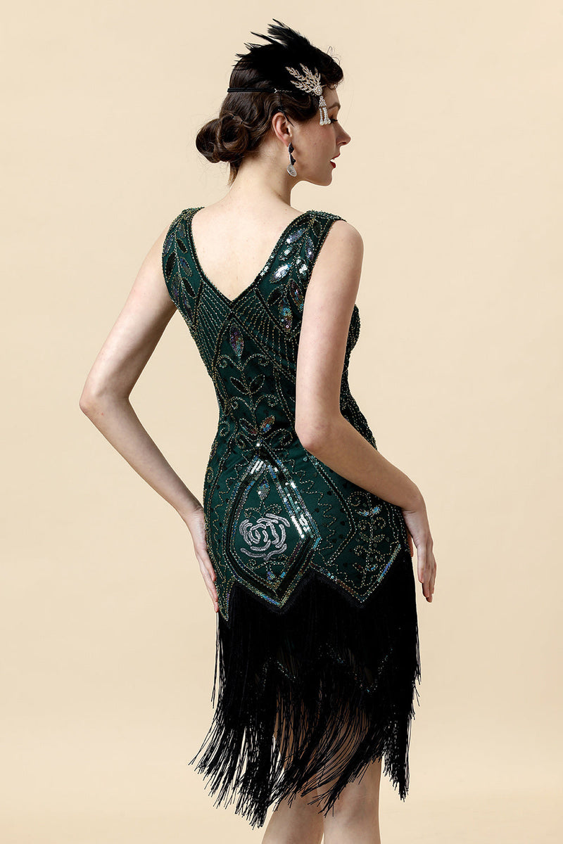 MIMIKRY 20er Jahre Flapper Kostüm Damen – Grünes Fransenkleid Mit Pfau-Motiv & 5-teiligem Zubehör-Set | Größe XXL