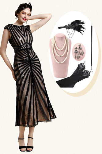 Schwarze Pailletten Glitzer Midi Flapper Kleid mit 20er Jahre Accessoires Set