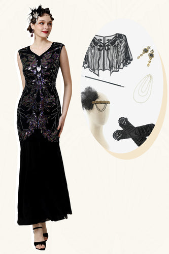 Schwarze Pailletten Langes Gatsby Kleid mit 20er Jahre Accessoires Set