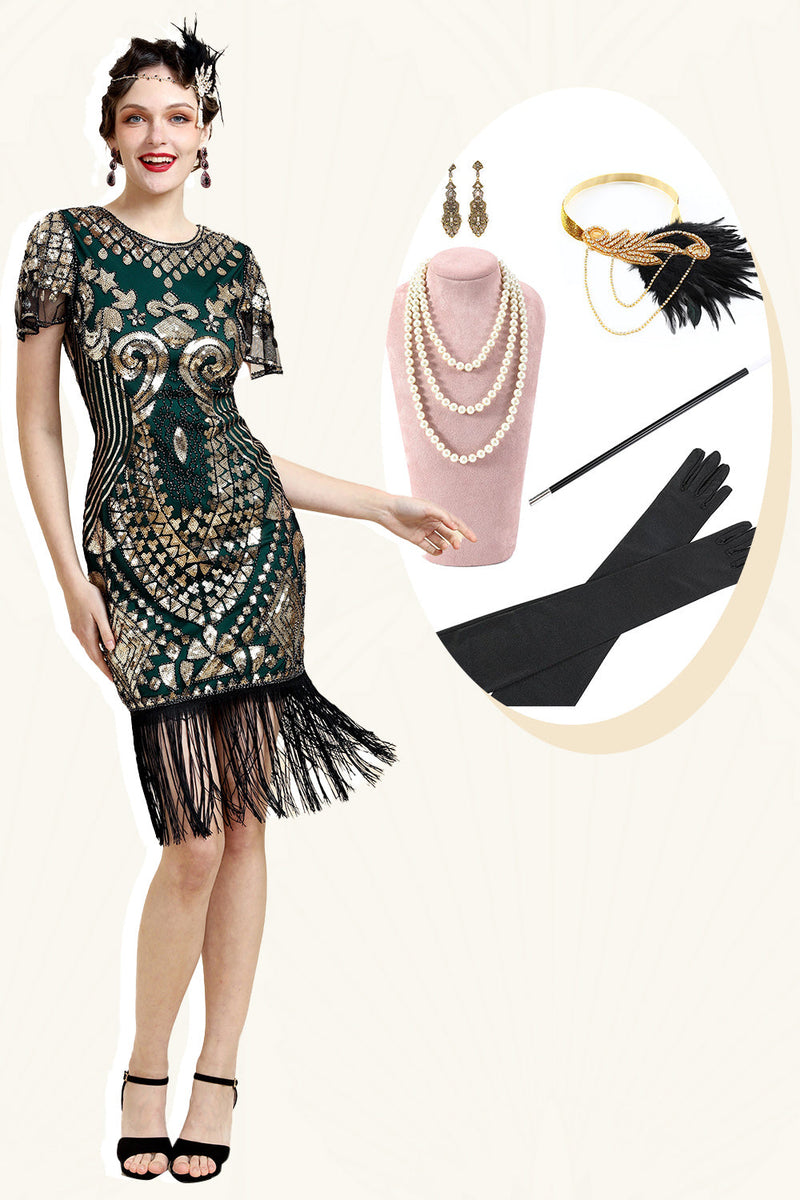 Laden Sie das Bild in den Galerie-Viewer, Pailletten Grün Glitzer Flapper Kleid mit 1920er Jahre Accessoires Set