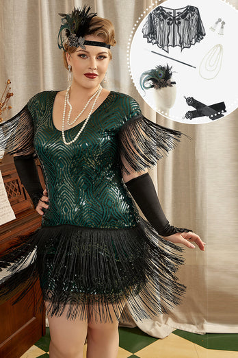 Grünes Plus Size 1920er Jahre Gatsby Kleid mit 20er Jahre Zubehör Set