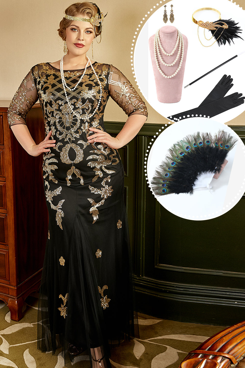 Schwarzes und goldenes Plus Size 1920er Jahre Gatsby Kleid mit 20er Jahre Zubehör Set
