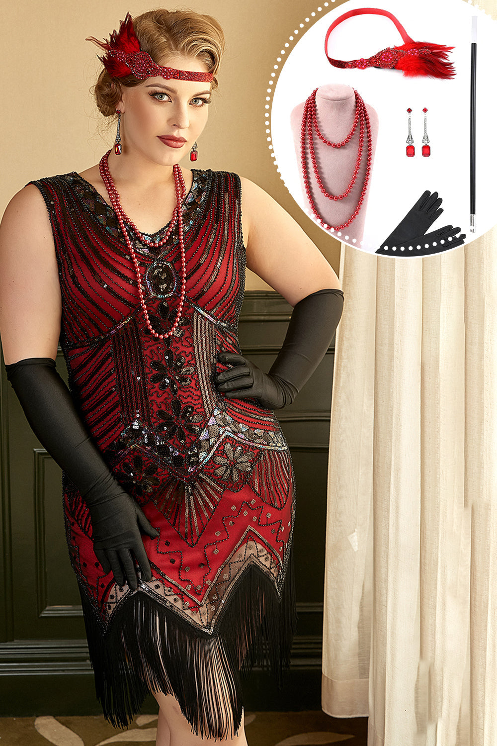 Rotes Plus Size 1920er Jahre Gatsby Kleid mit 20er Jahre Zubehör Set