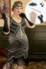 Laden Sie das Bild in den Galerie-Viewer, Schwarzes goldenes 1920er Plus Size Kleid mit 20er Jahren Accessoires Set
