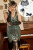 Laden Sie das Bild in den Galerie-Viewer, Goldenes und grünes 1920er Jahre Plus Size Kleid mit 20er Jahre Accessoires Set
