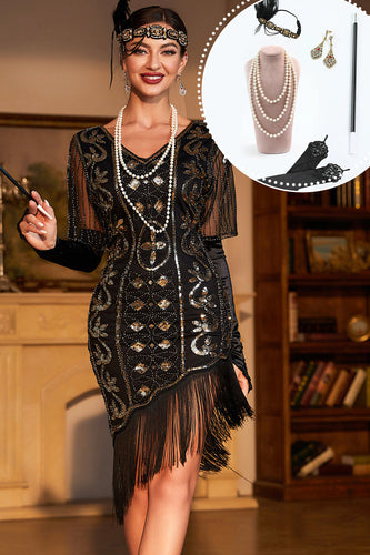 Glitzerndes schwarzes Paillettenkleid aus den 1920er Jahren mit Accessoires aus den 20er Jahren