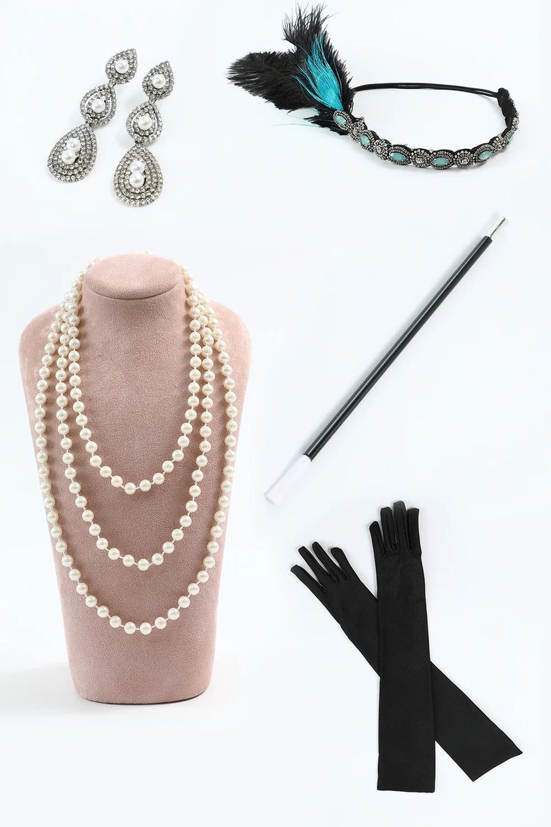 Laden Sie das Bild in den Galerie-Viewer, Grünes Paillettenkleid mit Fransen und Accessoires Set