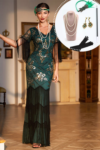 Dunkelgrünes Pailletten Fransen 1920er Jahre Langes Gatsby-Kleid mit Accessoires