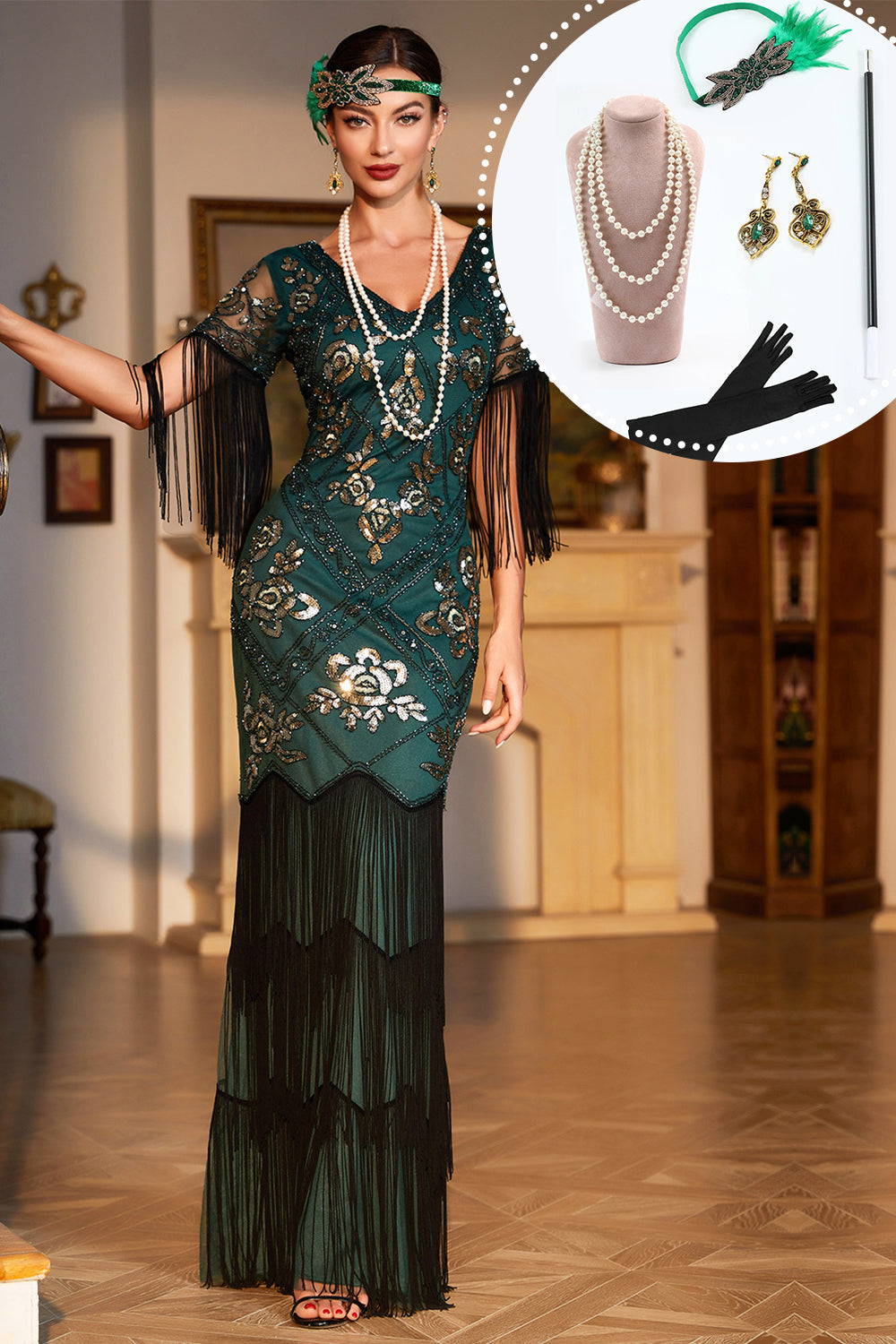 Dunkelgrünes Pailletten Fransen 1920er Jahre Langes Gatsby-Kleid mit Accessoires