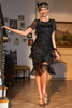 Laden Sie das Bild in den Galerie-Viewer, Funkelndes Schwarzes 1920er Jahre Paillettenkleid mit Fransen und Accessoires