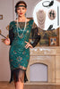 Laden Sie das Bild in den Galerie-Viewer, Glitzerndes Dunkelgrünes 1920er Jahre Flügelärmeln und Pailletten Kleid mit Accessoires