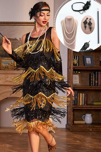 Glitzerndes Schwarz-goldenes 1920er Jahren Paillettenkleid mit Fransen mit Accessoires