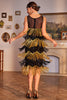 Laden Sie das Bild in den Galerie-Viewer, Glitzerndes Schwarz-goldenes 1920er Jahren Paillettenkleid mit Fransen mit Accessoires