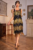 Laden Sie das Bild in den Galerie-Viewer, Glitzerndes Schwarz-goldenes 1920er Jahren Paillettenkleid mit Fransen mit Accessoires