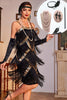 Laden Sie das Bild in den Galerie-Viewer, Glitzerndes Schwarz-goldenes 1920er Jahre Spaghettiträger Pailletten Fransenkleid mit Accessoires
