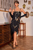 Laden Sie das Bild in den Galerie-Viewer, Glitzerndes Schwarz-goldenes 1920er Jahre Spaghettiträger Pailletten Fransenkleid mit Accessoires