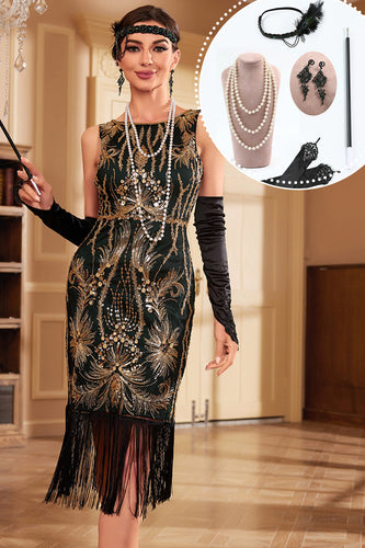 Schwarzgrünes 1920er Jahre Paillettenkleid mit Fransen und Accessoires