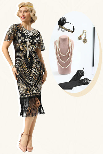 Schwarze Pailletten Fransen 1920er Jahre Kappenärmel Kleid mit Accessoires Set