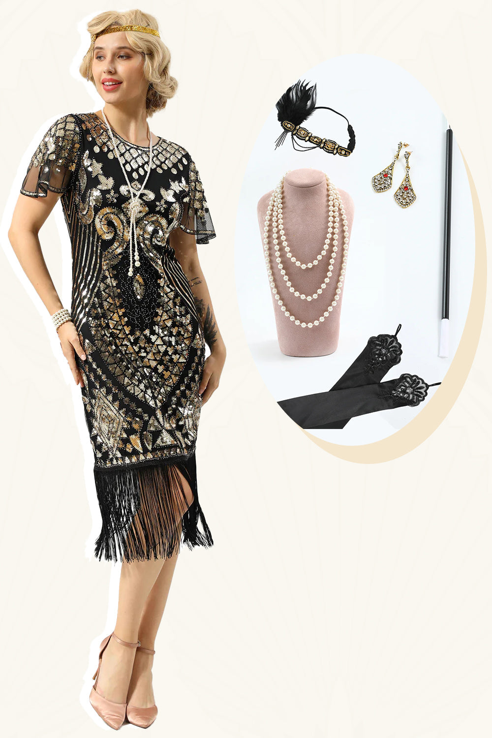 Schwarze Pailletten Fransen 1920er Jahre Kappenärmel Kleid mit Accessoires Set