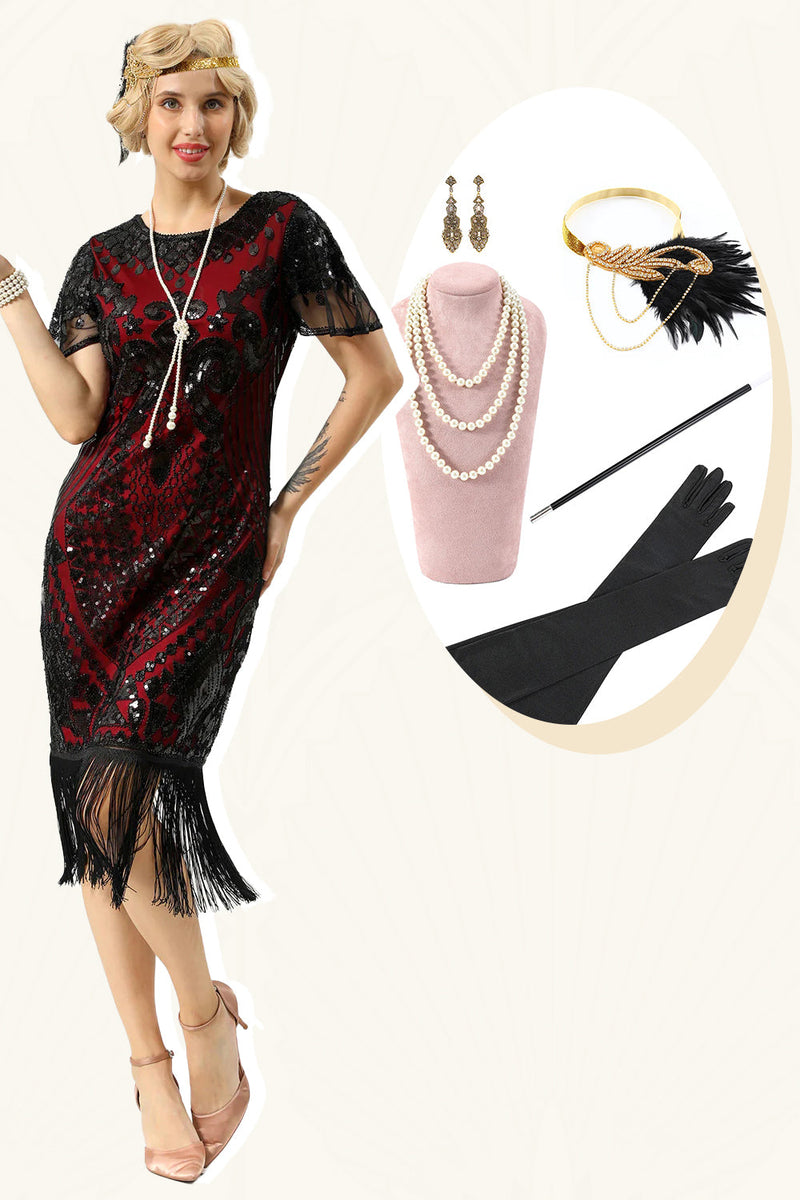 Laden Sie das Bild in den Galerie-Viewer, Schwarz-rotes Pailletten Fransen 1920er Jahre Kappenärmelkleid mit Accessoires