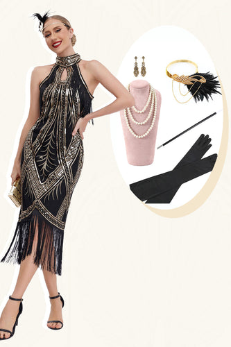 Funkelndes Schwarz-goldenes 1920er Jahre Paillettenkleid mit Fransen und Accessoires