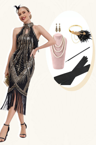 Funkelndes Schwarz-goldenes 1920er Jahre Paillettenkleid mit Fransen und Accessoires