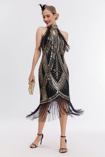 Funkelndes Schwarz-goldenes 1920er Jahre Paillettenkleid mit Fransen und Accessoires