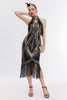 Laden Sie das Bild in den Galerie-Viewer, Funkelndes Schwarz-goldenes 1920er Jahre Paillettenkleid mit Fransen und Accessoires