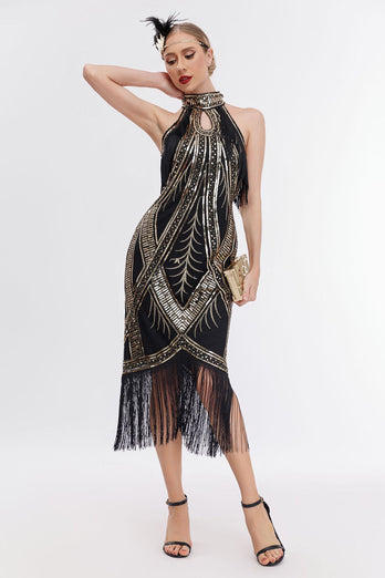 Funkelndes Schwarz-goldenes 1920er Jahre Paillettenkleid mit Fransen und Accessoires