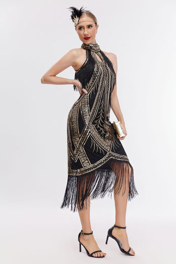 Funkelndes Schwarz-goldenes 1920er Jahre Paillettenkleid mit Fransen und Accessoires