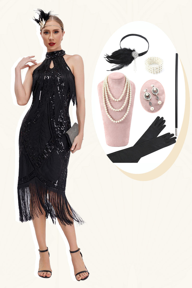 Laden Sie das Bild in den Galerie-Viewer, Glitzerndes Schwarzes Rundhalsausschnitt 1920er Jahre Paillettenkleid mit Fransen und Accessoires
