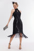 Laden Sie das Bild in den Galerie-Viewer, Glitzerndes Schwarzes Rundhalsausschnitt 1920er Jahre Paillettenkleid mit Fransen und Accessoires