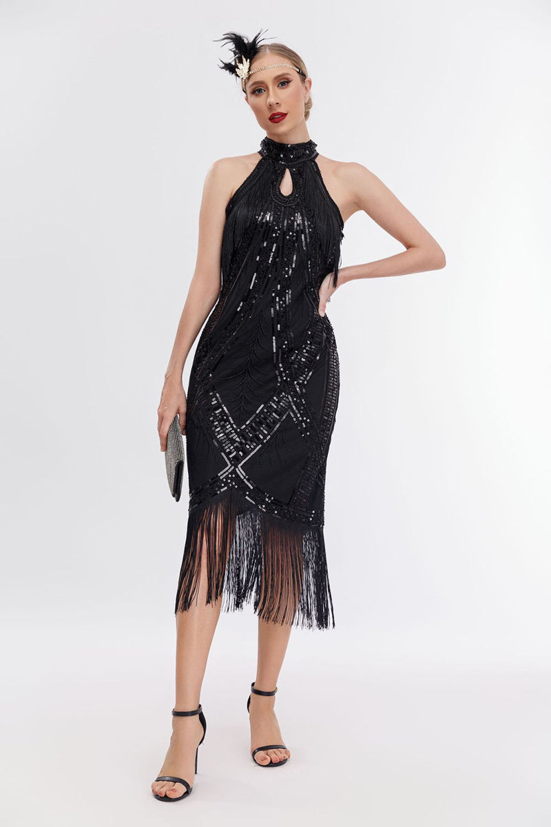 Laden Sie das Bild in den Galerie-Viewer, Glitzerndes Schwarzes Rundhalsausschnitt 1920er Jahre Paillettenkleid mit Fransen und Accessoires