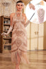 Laden Sie das Bild in den Galerie-Viewer, Glitzerndes Champagner 1920er Jahre Paillettenkleid mit Fransen und Accessoires