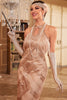 Laden Sie das Bild in den Galerie-Viewer, Glitzerndes Champagner 1920er Jahre Paillettenkleid mit Fransen und Accessoires