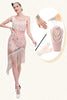 Laden Sie das Bild in den Galerie-Viewer, Glitzerndes Erröten Asymmetrisches 1920er Jahre Paillettenkleid mit Fransen und Accessoires