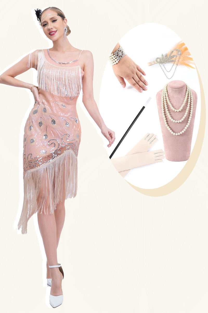 Laden Sie das Bild in den Galerie-Viewer, Glitzerndes Erröten Asymmetrisches 1920er Jahre Paillettenkleid mit Fransen und Accessoires
