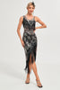 Laden Sie das Bild in den Galerie-Viewer, Glitzerndes Schwarzes Paillettenfransen-Set Asymmetrisches 1920er Jahre Gatsby-Kleid mit Accessoires