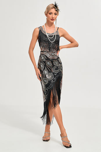 Glitzerndes Schwarzes Paillettenfransen-Set Asymmetrisches 1920er Jahre Gatsby-Kleid mit Accessoires