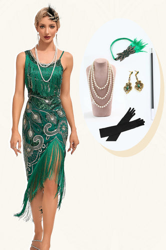 Glitzerndes Dunkelgrünes 1920er Jahre Paillettenfransen-Asymmetrisches Gatsby-Kleid mit Accessoires