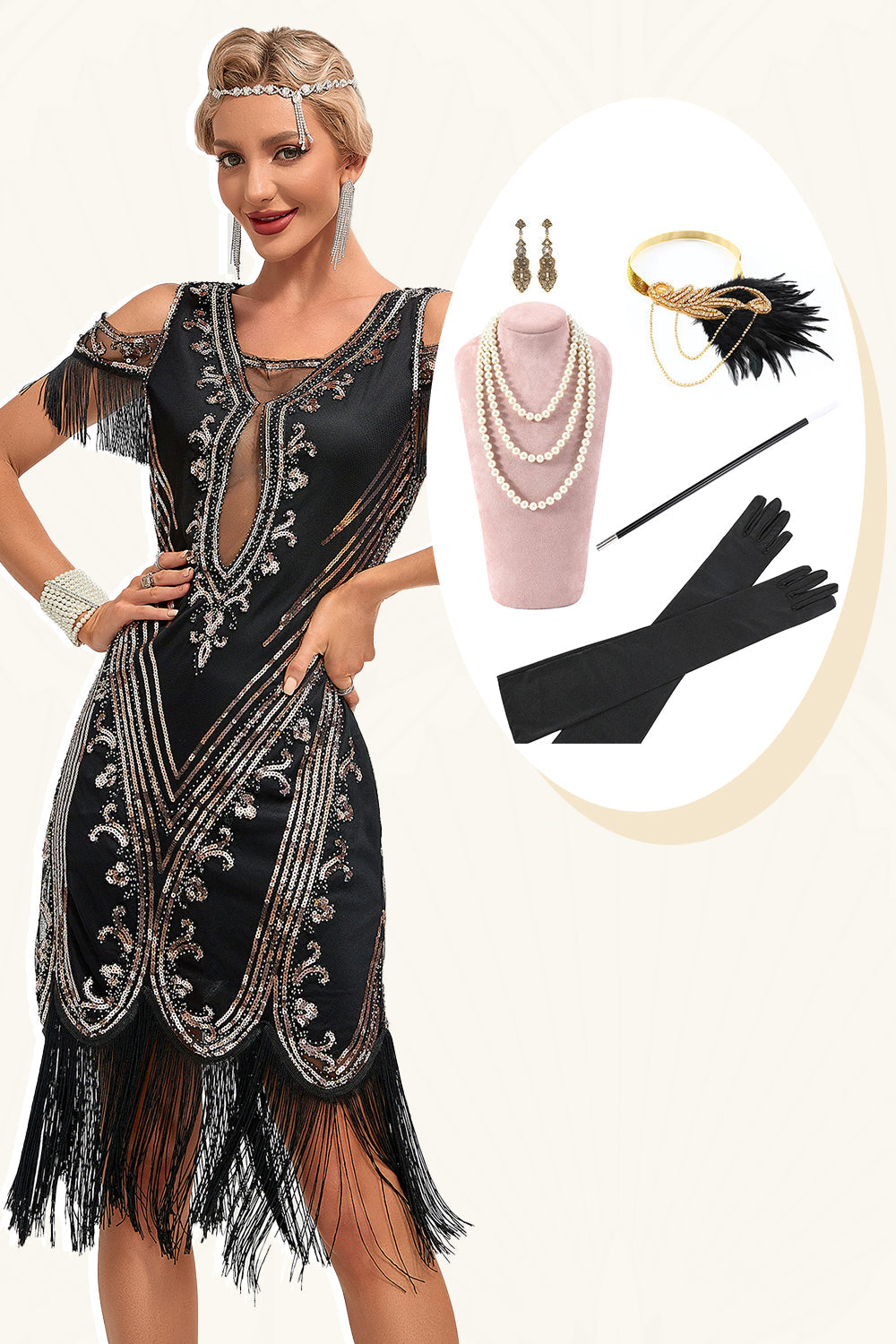 Glitzer Schwarzes Pailletten Fransen 1920er Jahre Gatsby Kleid mit Accessoires Set